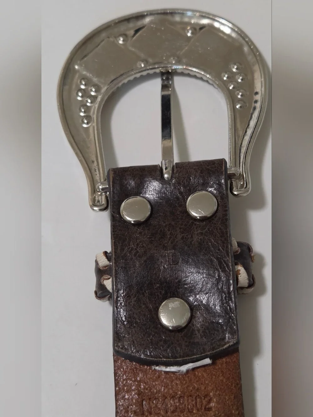 Nocona Brown Leather Belt with Rhinestone Buckle & Embroidery Scroll Size L